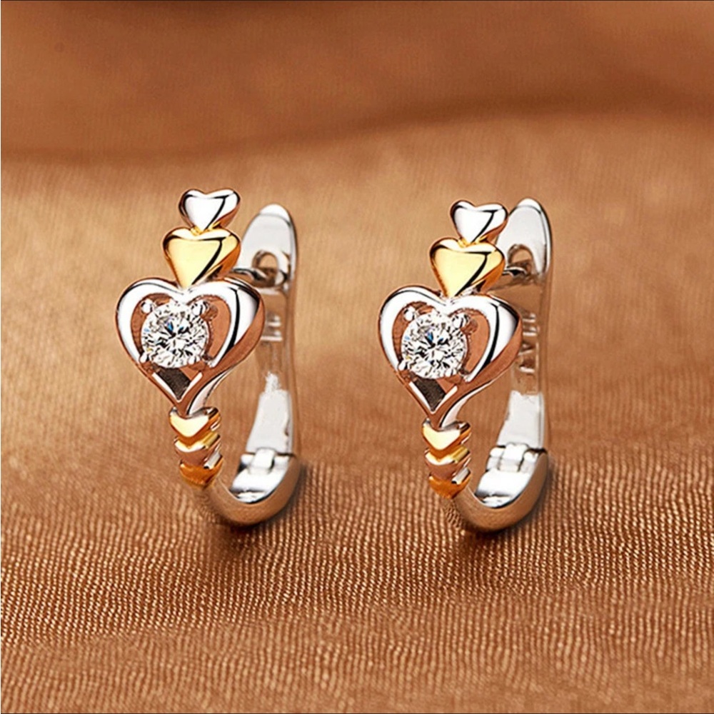 💖TwoTone Silver & Gold Cz Heart Enamel Earrings